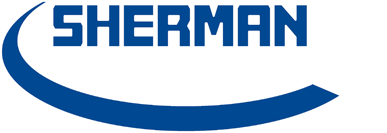 A blue and white logo for sherman 's floor care.