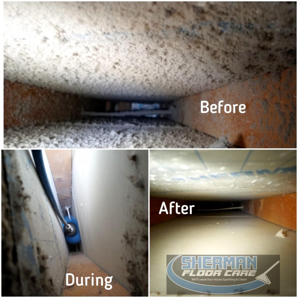 A collage of photos showing the before and after of a dryer vent cleaning.