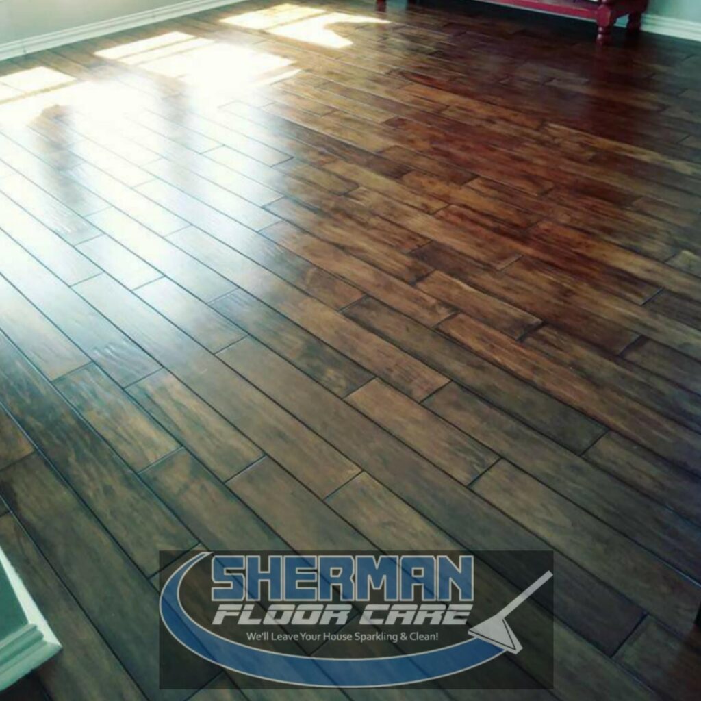 Picture of a shiny wooden floor with a logo