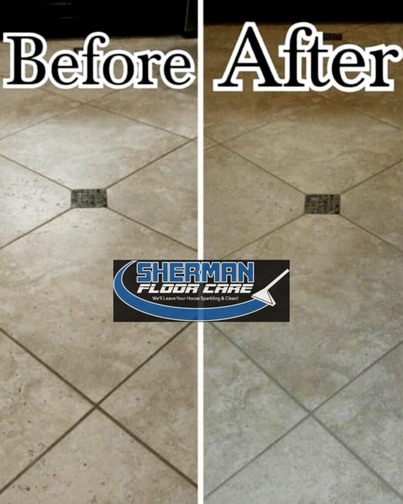Before and after picture of a grout cleaning with logo