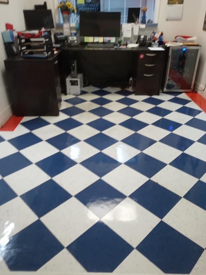 A room with blue and white checkered floor.