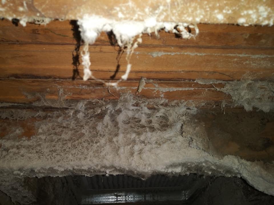 A wall of insulation in the middle of an attic.